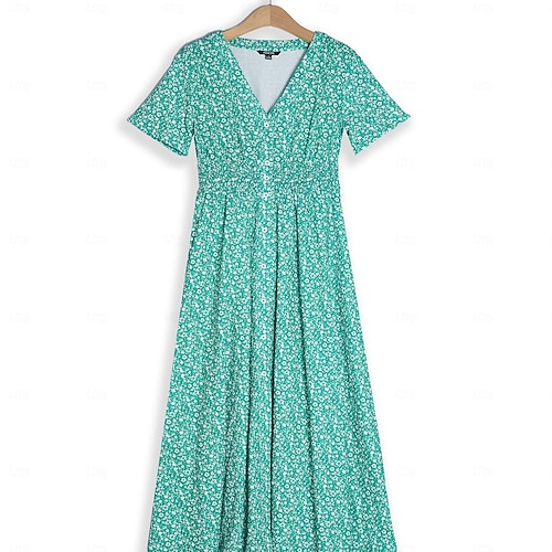 Women's Maxi Dress V-Neck Floral Print Green White Short Sleeve Front Slit  Belted Casual Beach Summer Vacation Flowy Comfortable 2026 - 55.99