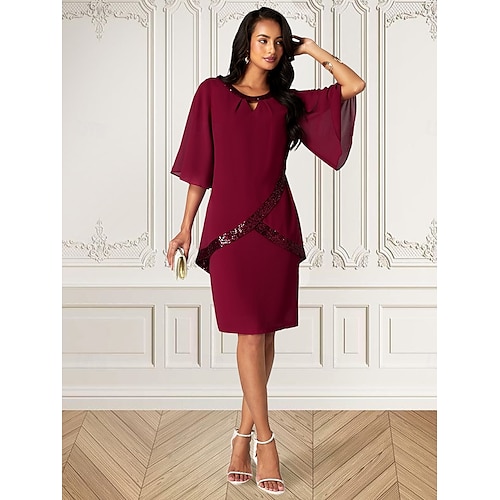  vestido midi feminino bordô com sobreposição de lantejoulas assimétricas decote redondo detalhe em v comprimento três quartos mangas divididas não elásticas elegante coquetel noite comprimento do