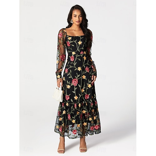  Damen schwarzes kleid Maxidress Rüsche Bestickt Elegant Quadratischer Ausschnitt Langarm Schwarz Farbe