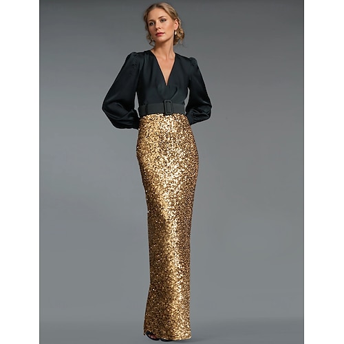 Robe de soirée sirène  trompette Noir et Or  Sequins Élégante Robe Longueur de sol Manches longues Décolleté en V Ceinture  Sash avec fente