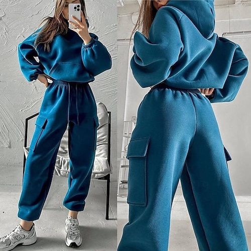 Mujer Cálido Deportes Conjuntos de pantalones Sudadera Pantalones de lana Manga Larga Cuello Barco Con Capucha Color sólido Exterior Deporte Azul Piscina Primavera Holgado