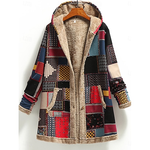 Mujer Abrigo de invierno Diario Primavera Otoño Invierno Regular Abrigo Ajuste regular Elegante Estilo retro Chaquetas Manga Larga Print Bloque de color Estampado Rojo Verde Trébol