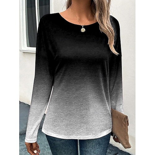  Dames T-shirt Kleurgradatie Modieus Casual Lange mouw Ronde hals Normale tops Dagelijks Weekend Afdrukken Rood blauw Paars Grijs Lente & Herfst