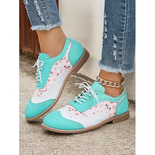  scarpe oxford multicolor da donna, design retrò a punta con pannelli verdi, rosa e viola, brogue casual con lacci per la moda e l'uso quotidiano