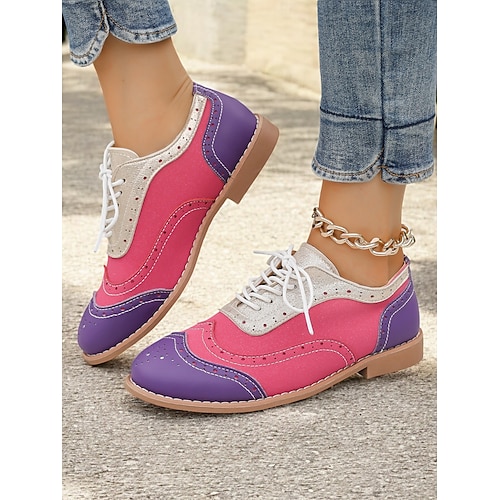  scarpe oxford multicolor da donna, design retrò a punta con pannelli verdi, rosa e viola, brogue casual con lacci per la moda e l'uso quotidiano