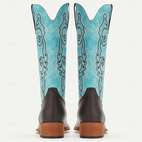 ターコイズブルー✖️ダークブラウン　　ウェスタンブーツ ブーツ（ブルー・ネイビー/青色系・ウエスタン）ファッション通販