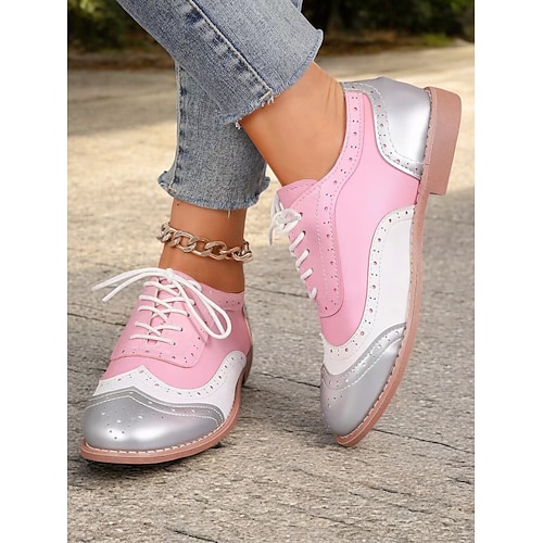  scarpe oxford multicolor da donna, design retrò a punta con pannelli verdi, rosa e viola, brogue casual con lacci per la moda e l'uso quotidiano