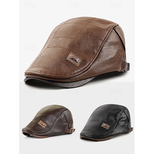 pánská hnědá plochá kšiltovka z umělé kůže s prošívaným designem – klasický vintage newboy klobouk pro běžné i outdoorové nošení