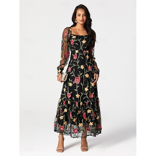  Damen schwarzes kleid Maxidress Rüsche Bestickt Elegant Quadratischer Ausschnitt Langarm Schwarz Farbe