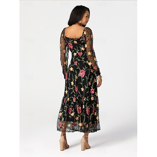  Damen schwarzes kleid Maxidress Rüsche Bestickt Elegant Quadratischer Ausschnitt Langarm Schwarz Farbe