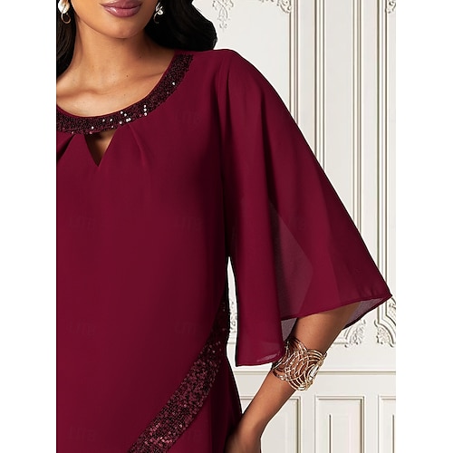  vestido midi feminino bordô com sobreposição de lantejoulas assimétricas decote redondo detalhe em v comprimento três quartos mangas divididas não elásticas elegante coquetel noite comprimento do