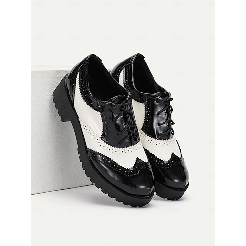  sapatos oxford brogue preto e branco femininos – cadarço de couro sintético envernizado, sola grossa, estilo vintage para uso formal e casual