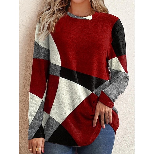 

Suéter de mujer de manga larga con estampado de rombos, acogedor jersey de felpa rojo, negro, gris, blanco, cuello redondo, informal, elegante, cálido, ropa de otoño e invierno