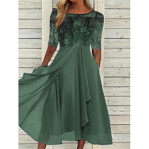 

Women's Lace Dress Maxi Dress Lace Work Cocktail Party Elegant Formal Crew Neck Half Sleeve Blue Dark Green Purple Color