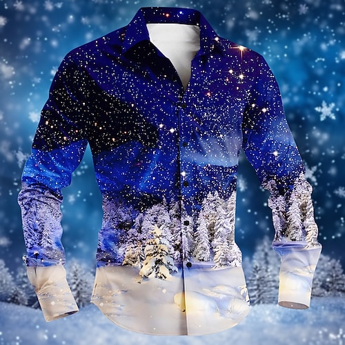 

Christmas Men's Christmas Scene Printed Shirts Tree Snowflake Fashion Casual Button Up Long Sleeve Party Evening Daily Fall Winter Spring & Summer Collar Button Up 3D Print Thin Blue Polyester