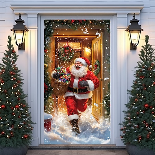 

Christmas Door Decorations Door Covers Xmas Santa Door Tapestry Door Curtain Decoration Backdrop Indoor/Outdoor Door Banner for Front Door Farmhouse Holiday Party Decor Supplies Delivering Gift