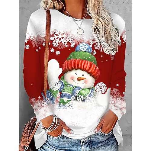 

Women's Holiday Sweatshirt Long Sleeve Snowman Print Color Block Red White Winter Party Casual Pullover Festive Clothing Apparel