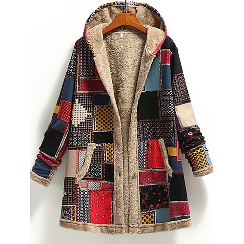 

Women's Winter Coat Daily Spring Fall Winter Regular Coat Regular Fit Stylish Vintage Style Jacket Long Sleeve Print Color Block Print Red Green