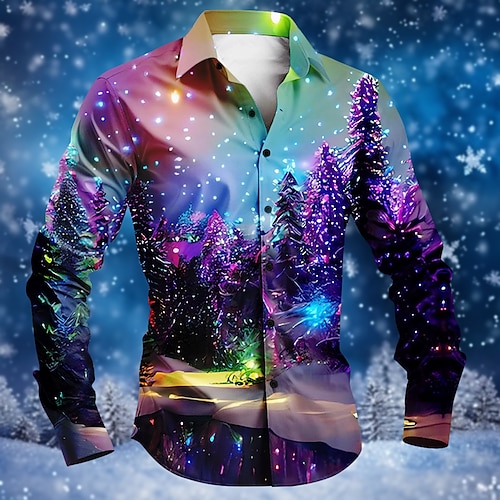 

Christmas Men's Christmas Scene Printed Shirts Tree Snowflake Fashion Casual Button Up Long Sleeve Party Evening Daily Fall Winter Spring & Summer Collar Button Up 3D Print Thin Blue Polyester