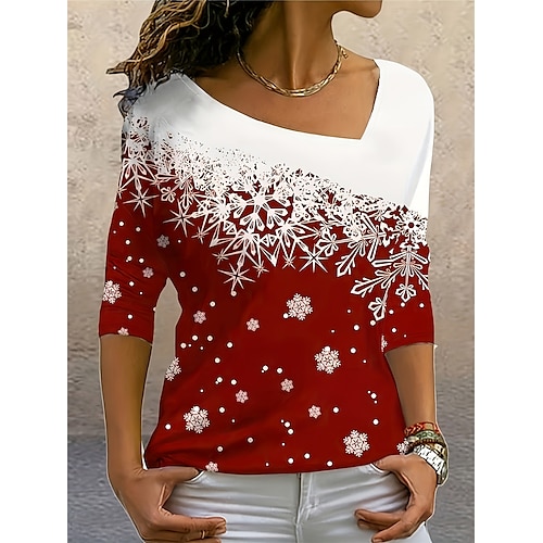 

Women's T shirt Tee Christmas Daily Casual Long Sleeve Red Spring & Fall