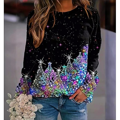 

Women's Christmas Sweatshirt Long Sleeve Sequin Tree Design Sparkling Festive Black Top Winter Casual Holiday Party Wear