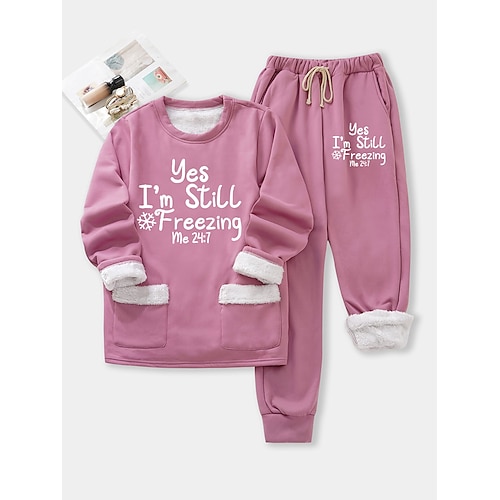 

Women's Fleece Lined Sweatsuits Top and Pant Letter Warm Comfort Soft Home Daily Bed Fleece Warm Breathable Crew Neck Long Sleeve Pullover Pant Elastic Waist Fall Winter