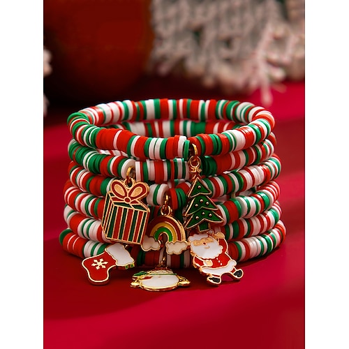 

Christmas Charm Bead Bracelet Set – Festive Red, Green, and White Stacked Bracelets with Santa, Tree, and Gift Charms – Perfect for Holiday Fashion and Gifts