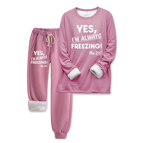 

Women's Loungewear Set Pyjamas Fleece Fluffy Long Sleeve Top and Pant Text Print Comfort Casual Home Wear Drawstring Solid Cozy Winter