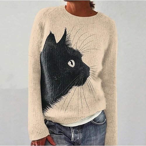 

Women's Sweater Crew Neck Knit Print Fall Winter Formal Weekend Daily Long Sleeve Graphic White / Black Khaki