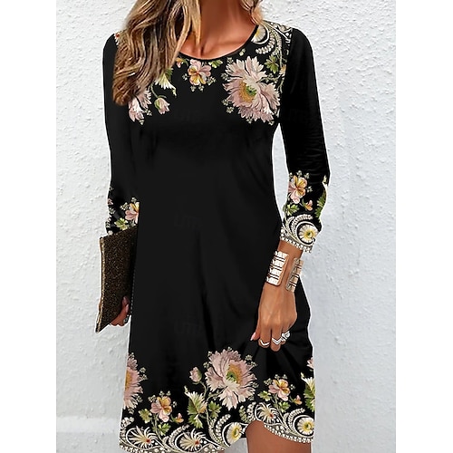 

Women's Polyester Floral Print Crew Neck Maxi Dress Long Sleeve Summer