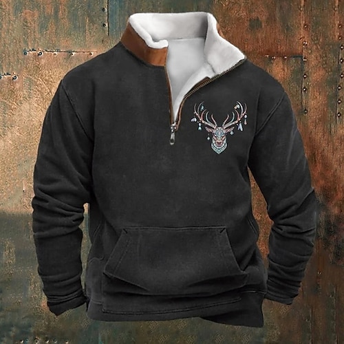 

Men's Sweatshirt Quarter Zip Sweatshirt Black Blue Green Khaki Half Zip Reindeer Print Christmas Daily Holiday Streetwear Casual Thin fleece Fall & Winter Clothing Apparel Hoodies Sweatshirts