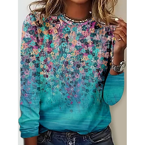 

Women's Tunic Polyester Fashion Casual Print Long Sleeve Regular Tops Crew Neck Daily Blue Purple Spring Fall