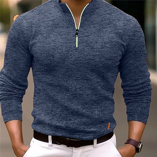 

Men's Polo Shirt Quarter Zip Polo Sports & Outdoor Casual Daily Standing Collar Quarter Zip Long Sleeve Fashion Basic Solid Color Pocket Spring & Fall Regular Fit Black Navy Blue Ocean Blue Orange