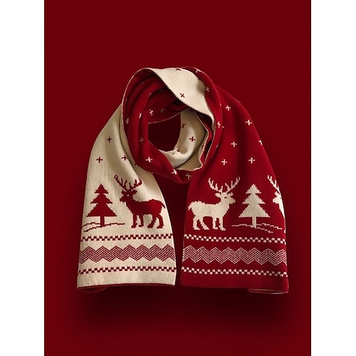 

Women's Christmas Reindeer and Tree Print Knitted Scarf in Red and White, Cozy Winter Accessory for Holiday Celebrations