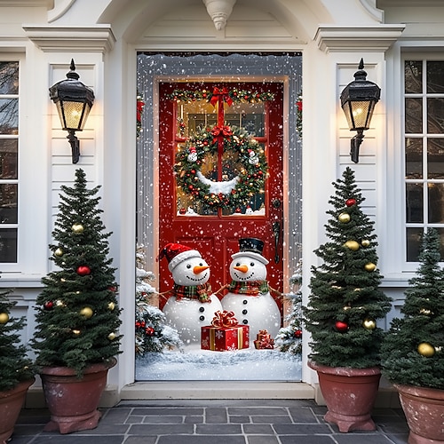 

Christmas Door Decorations Door Covers Xmas Whimsical Snowmans Door Tapestry Door Curtain Decoration Backdrop Indoor/Outdoor Door Banner for Front Door Farmhouse Holiday Party Decor Supplies