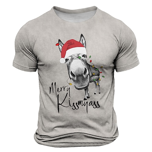 

T-shirts de Noël pour hommes, motif animal de Noël 3D, chapeau d'âne, rétro, vintage, décontracté, style urbain, imprimé 3D, sport, extérieur, vacances, gris clair, manches courtes, col ras du cou,