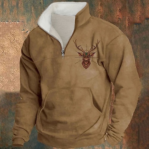 

Men's Sweatshirt Quarter Zip Sweatshirt Blue Brown Khaki Half Zip Reindeer Print Christmas Daily Holiday Streetwear Casual Thin fleece Fall & Winter Clothing Apparel Hoodies Sweatshirts