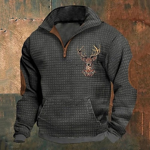 

Men's Waffle Sweatshirt Sweatshirt Quarter Zip Sweatshirt Black Dark Gray Half Zip Reindeer Print Christmas Daily Holiday Streetwear Casual Spring & Fall Clothing Apparel Hoodies Sweatshirts Long