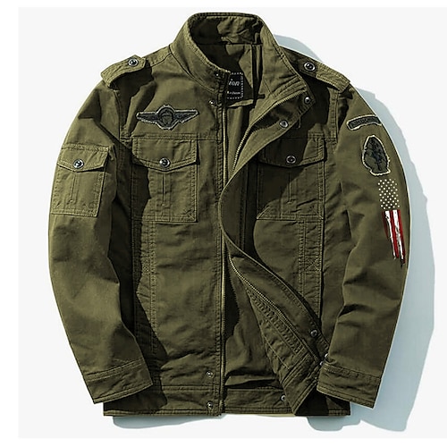 

American Flag Print Embroidered Men's Cargo Jacket Tactical Coat Side Pockets Zip Front Regular Fit Standing Collar Long Sleeve Cotton Jacket Breathable Comfortable Military Style Jacket