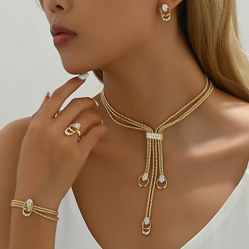 

Gold Rhinestone Jewelry Set for Women – Elegant Necklace, Bracelet, Earrings, and Ring with Braided Chain Design, Perfect for Weddings and Formal Events