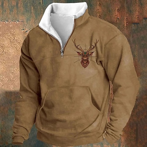 

Men's Sweatshirt Quarter Zip Sweatshirt Blue Brown Khaki Half Zip Reindeer Print Christmas Daily Holiday Streetwear Casual Thin fleece Fall & Winter Clothing Apparel Hoodies Sweatshirts