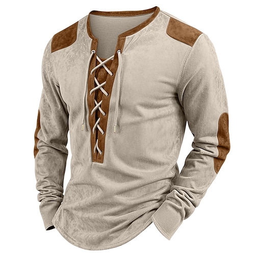 

Men's Faux Suede Henley Shirt Tee Top Long Sleeve Shirt Patchwork Henley Outdoor Street Long Sleeve Drawstring Clothing Apparel Daily Casual Street Style