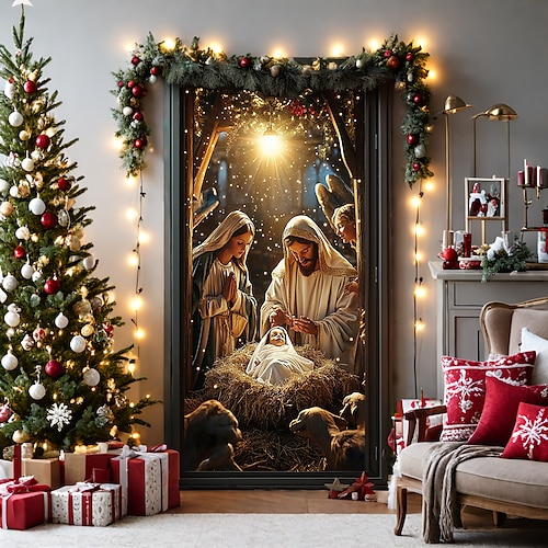 

Christmas Door Decorations Door Covers Nativity Scene Door Tapestry Door Curtain Decoration Backdrop Door Banner for Front Door Farmhouse Christmas Holiday Party Decor Supplies Gift Indoor/Outdoor