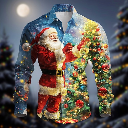 

Christmas Men's Santa Claus Printed Shirts Santa Claus Casual Button Up Long Sleeve Party Evening Daily Fall Winter Spring & Summer Collar Button Up 3D Print Thin Blue Polyester