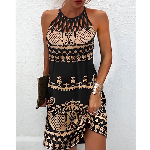 

Women's Casual Dress Shift Dress Mini Dress Black Green Dark Blue Sleeveless Floral Ruched Spring Summer Halter Vintage Birthday Daily Ethnic Dress 2023 S M L XL XXL 3XL