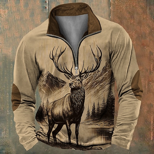 

Men's Hunting Deer Sweatshirts Quarter Zip Sweatshirt Long Sleeve Sweatshirt Stand Collar Vintage Retro Western Cowboy 3D Printing Hunting Winter Spring & Fall