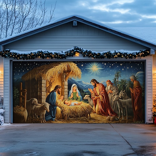 

Christmas Outdoor Garage Door Cover Xmas Banner Nativity Scene Large Christmas Backdrop Decoration for Holiday Outdoor Garage Door Home Wall Decorations