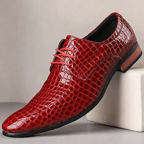 

Men's Red Crocodile Pattern Lace-Up Dress Shoes - Sleek Patent Faux Leather Oxford Shoes for Christmas,Formal Events and Parties