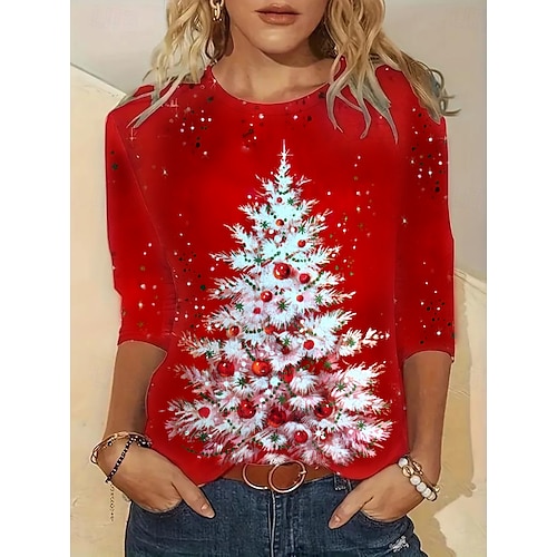 

Women's Christmas Tunic Print Daily Fashion Casual Long Sleeve Crew Neck Wine Spring Fall