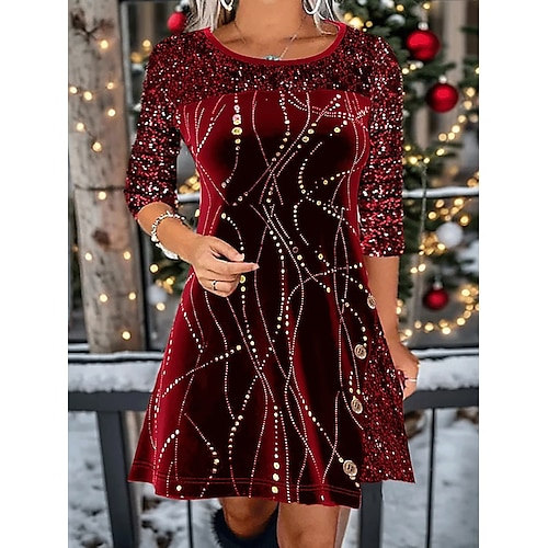 

Women's Holiday Dress Three-Quarter Sleeve Sequin Embellished Fit-and-Flare Knee-Length Party Evening Red Gold Glittery Comfort Stretch Winter Apparel